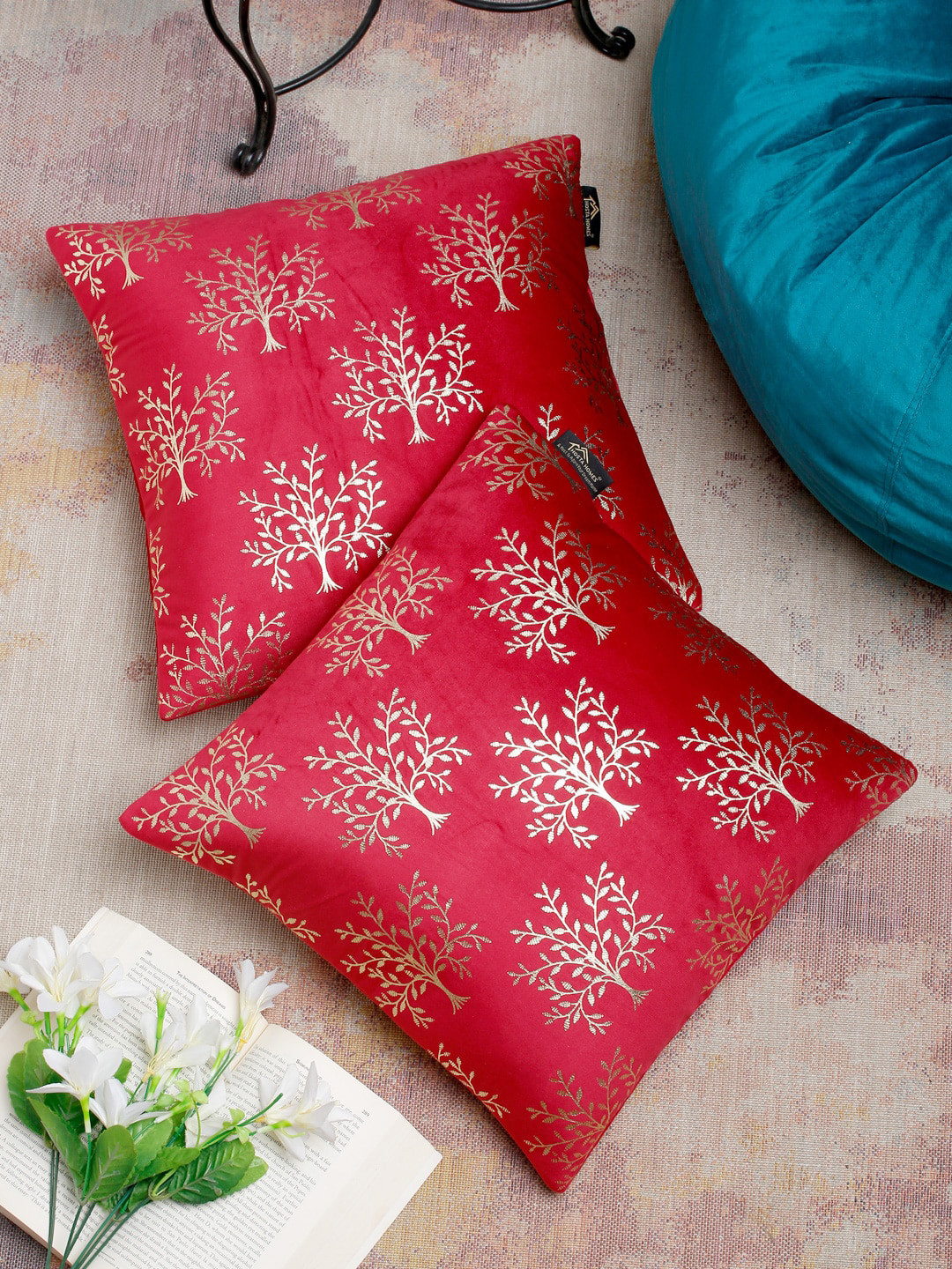 HOSTA HOMES Maroon & Gold Set of 2 Ethnic Motifs Velvet Square Cushion Covers