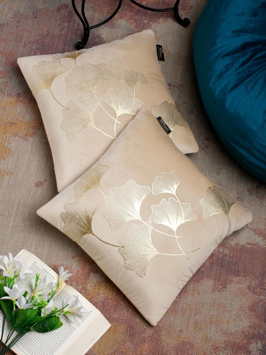 HOSTA HOMES Cream Floral Velvet Durable 2 Pcs Square Cushion Covers - 16 x 16 In