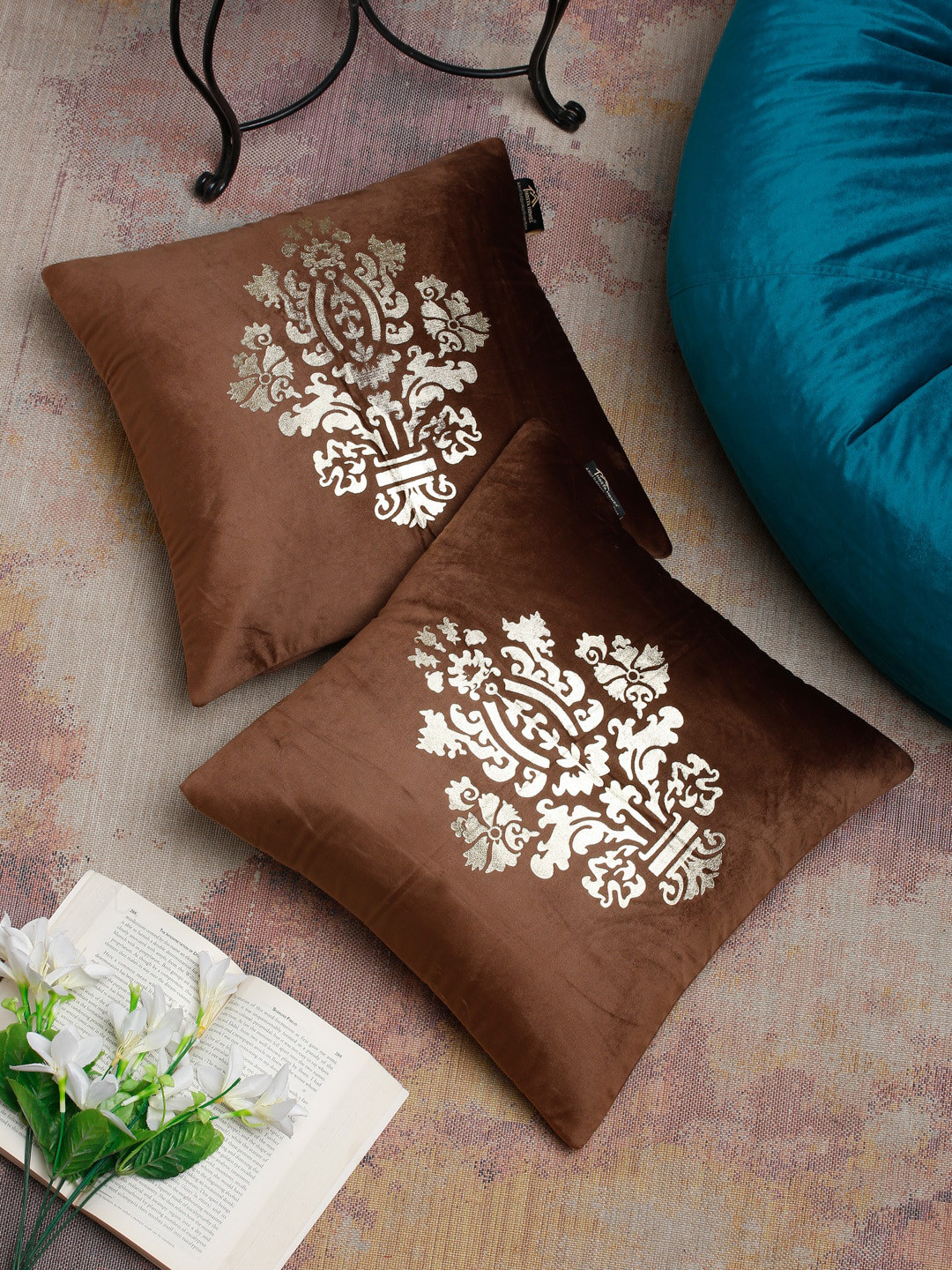 HOSTA HOMES Brown & Silver-Toned Set of 2 Ethnic Motifs Velvet Square Cushion Covers