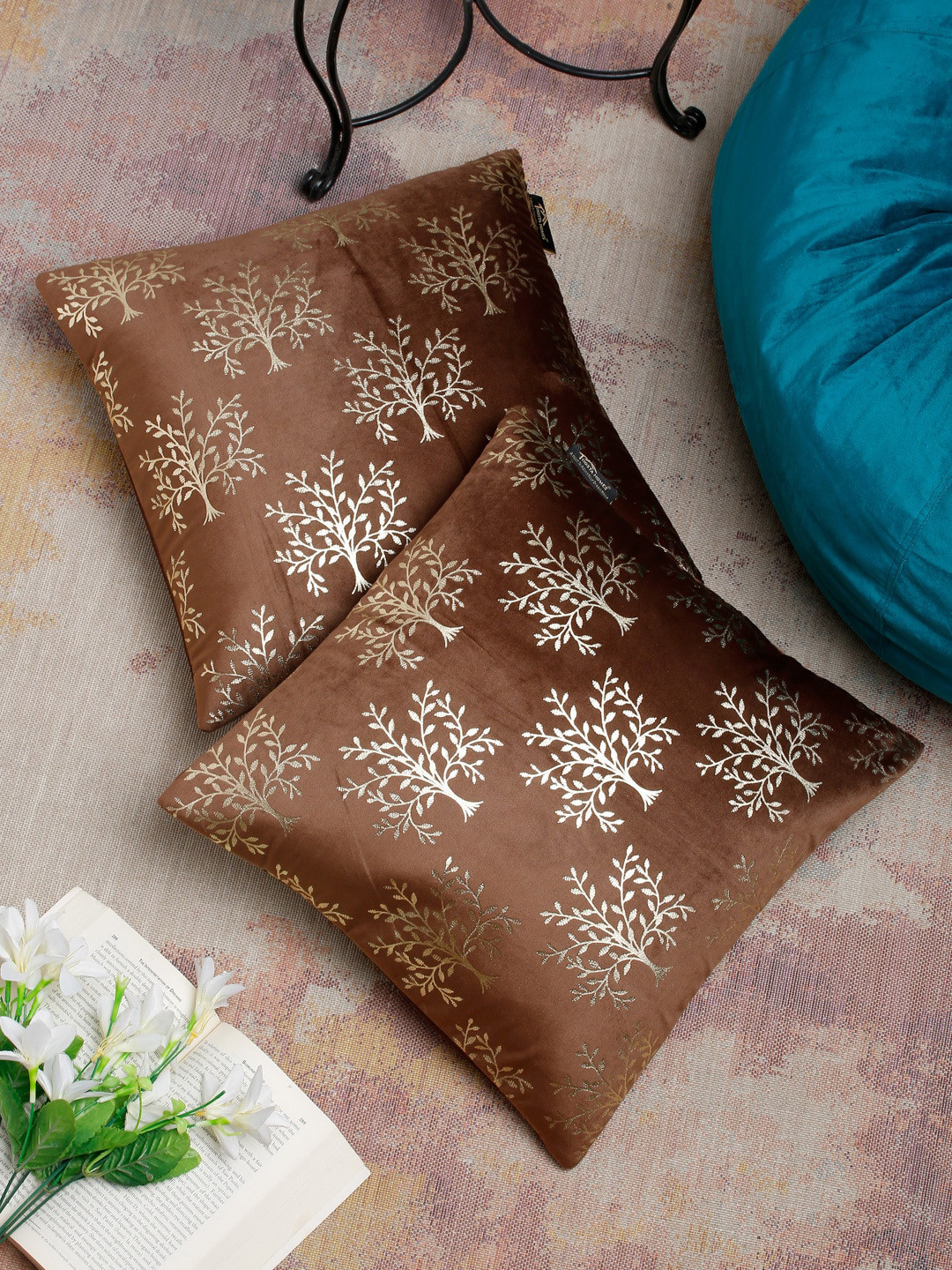 HOSTA HOMES Brown & Gold Set of 2 Ethnic Motifs Velvet Square Cushion Covers