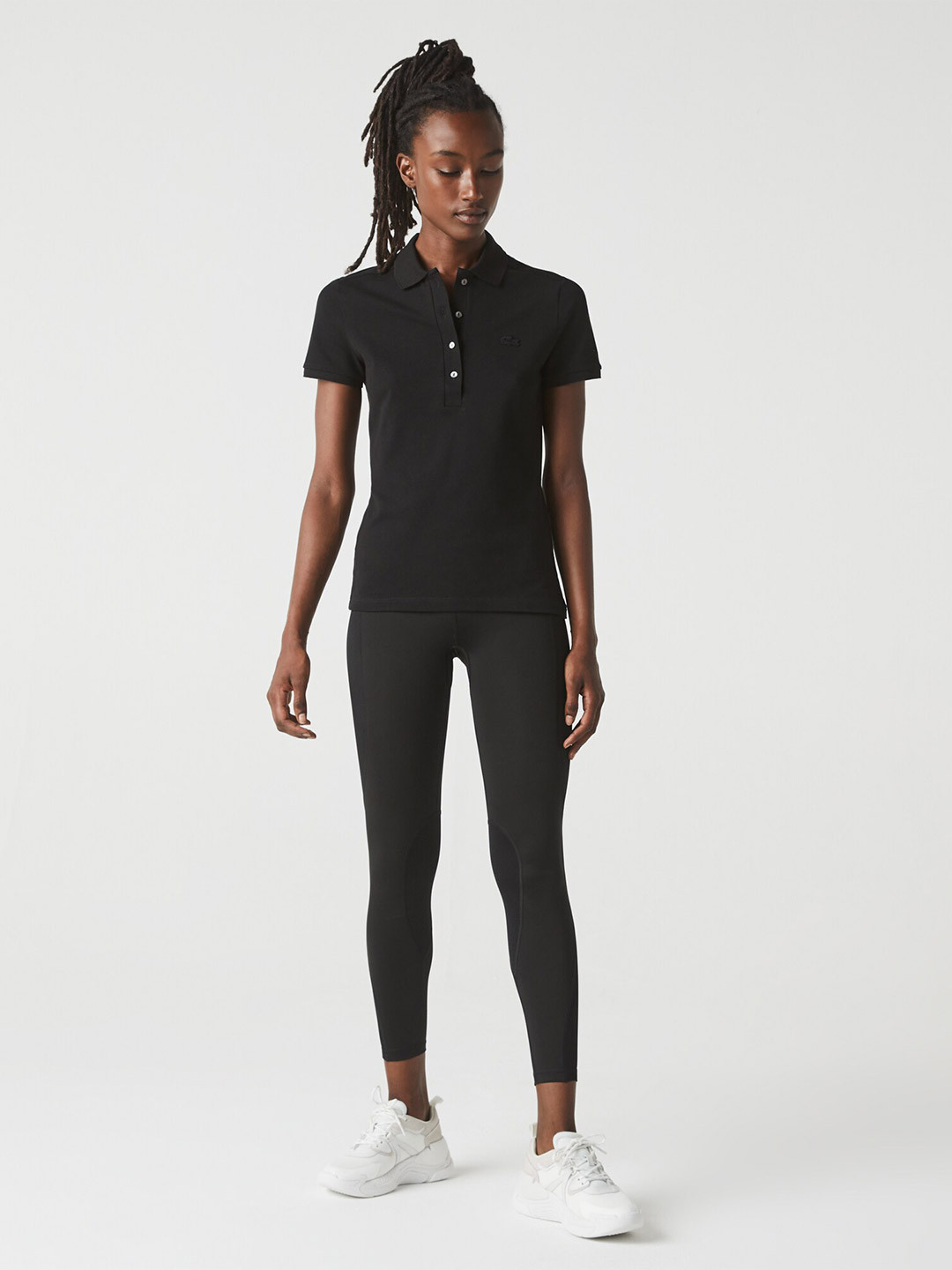 Lacoste Women Black Polo Collar Slim Fit T-shirt