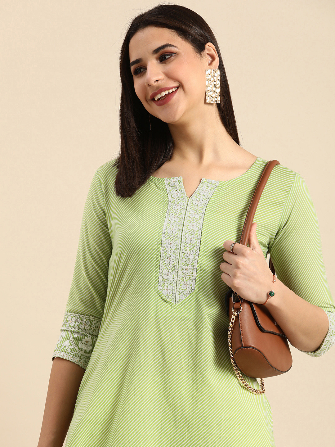 Anouk Women Lime Green Leheriya Striped Thread Work Kurta
