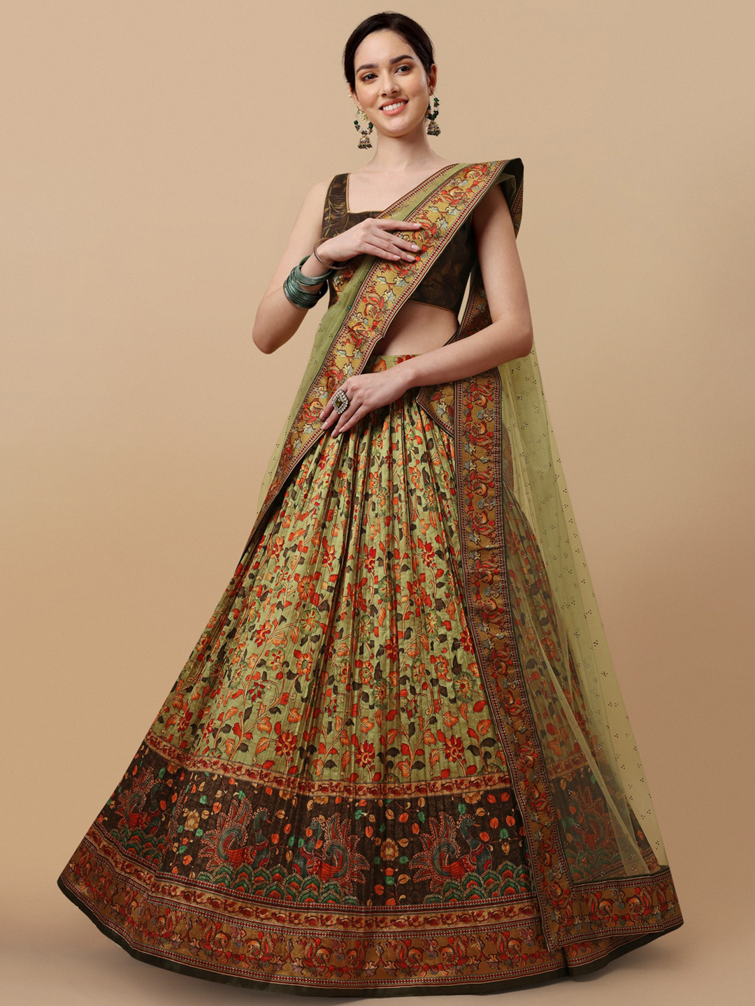 SAPTRANGI Printed Kalamkari Semi-Stitched Lehenga & Unstitched Blouse With Dupatta