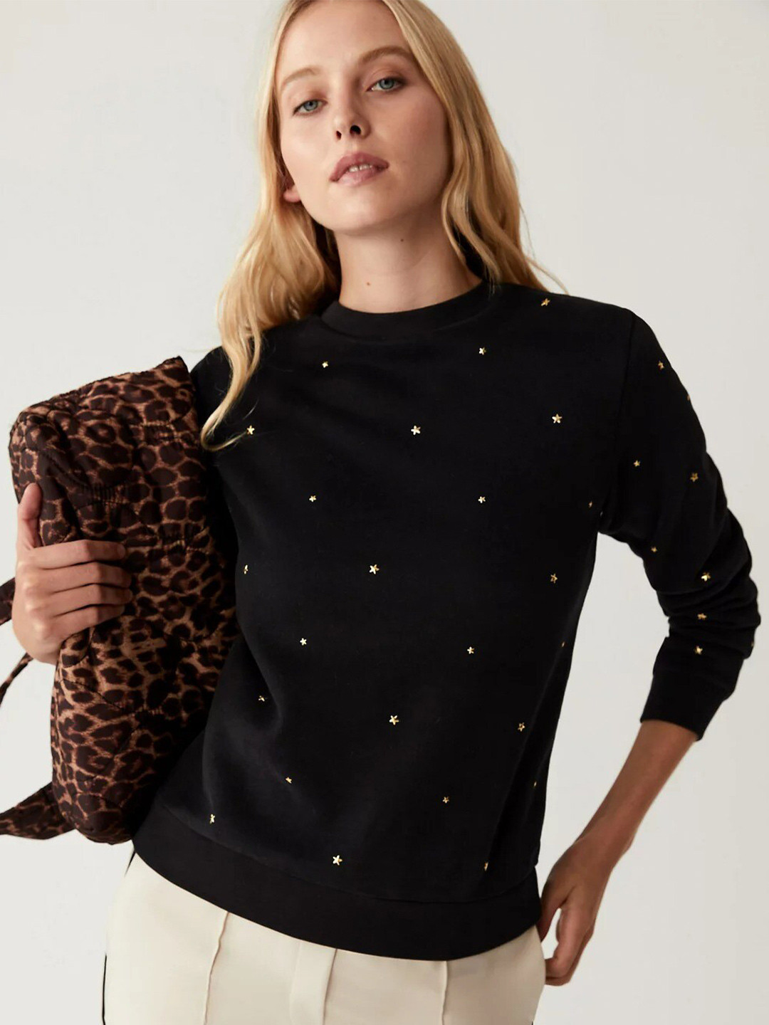 Marks & Spencer Women Embellished Round Neck Cotton Sweatshirt