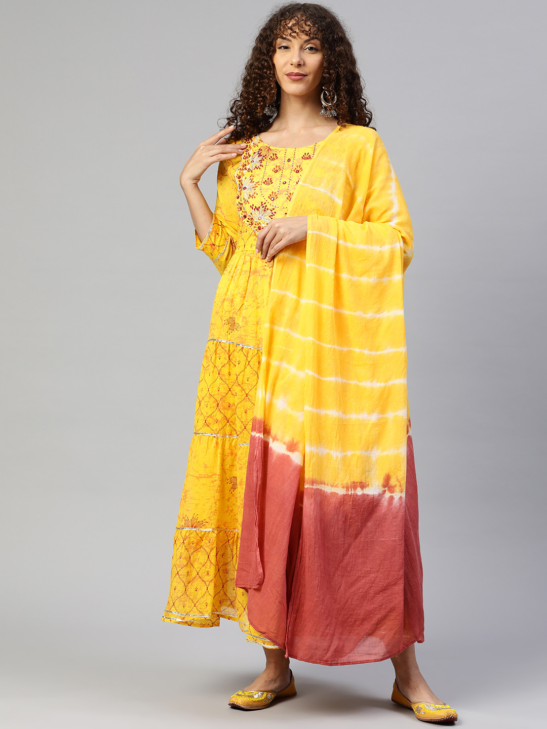 Readiprint Cotton Floral Embroidered Maxi Ethnic Dress With Dupatta