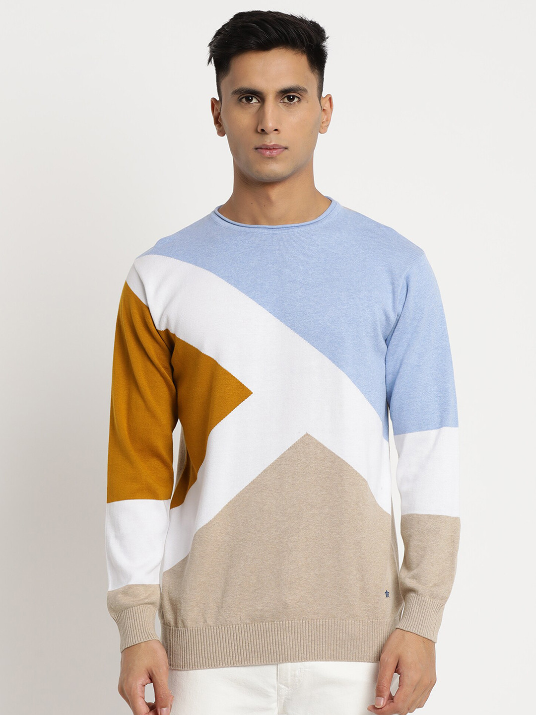 Turtle Men Colourblocked Round Neck Cotton Pullover Sweater