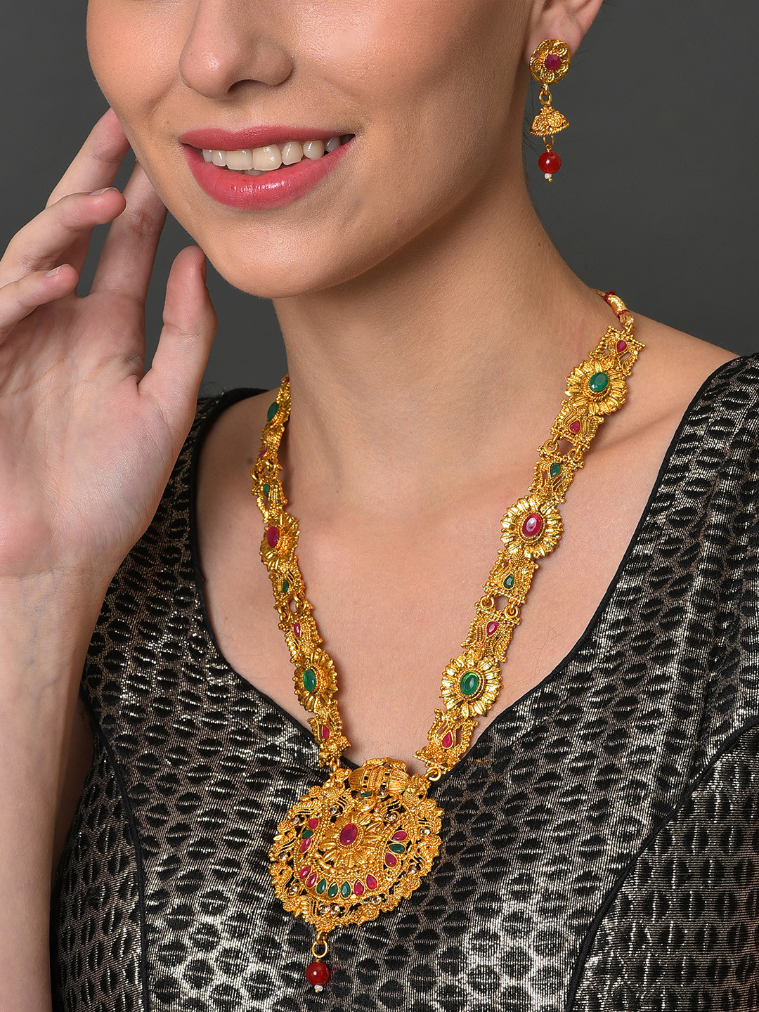 SOHI Gold-Plated Stone-Studded & Pearl Beaded Meenakari Jewellery Set