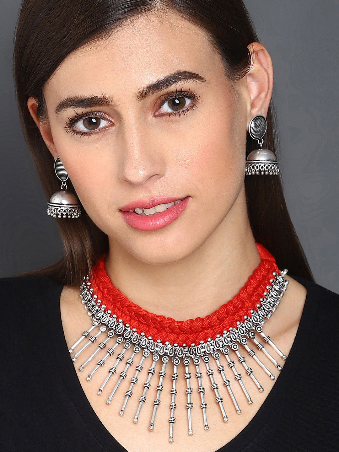 SOHI Silver Plated Oxidised Thread Jewellery Set