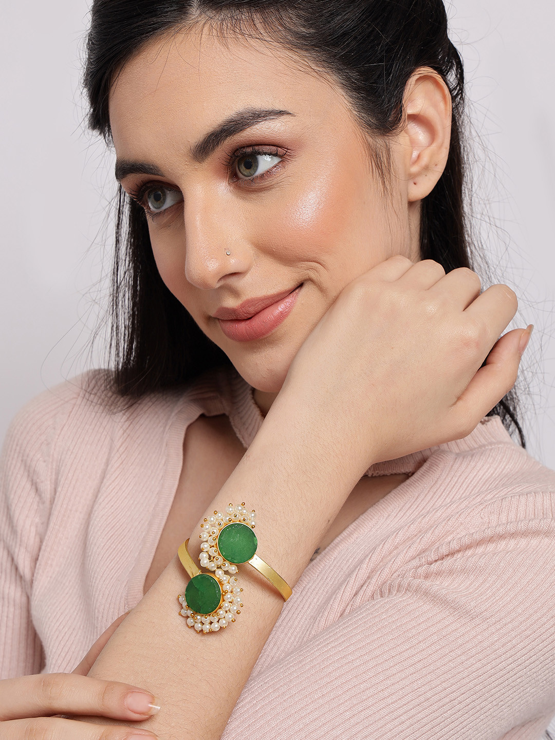 SOHI Gold-Plated Cuff Green Brass Pearls Bangle Style Bracelet