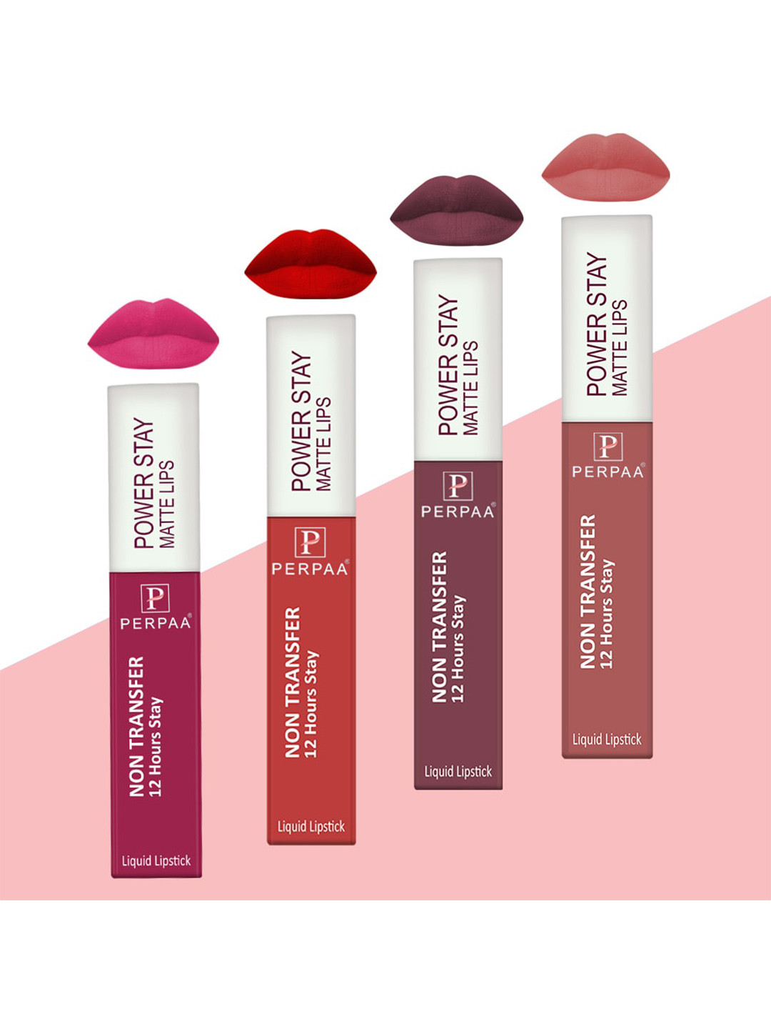 PERPAA Set of 4 Power Stay Non-Transfer & Long-Lasting Velvet Matte Liquid Lipstick 5 g-Bright Red 01 - Pink 10 - Nude 21 - Mauve 23