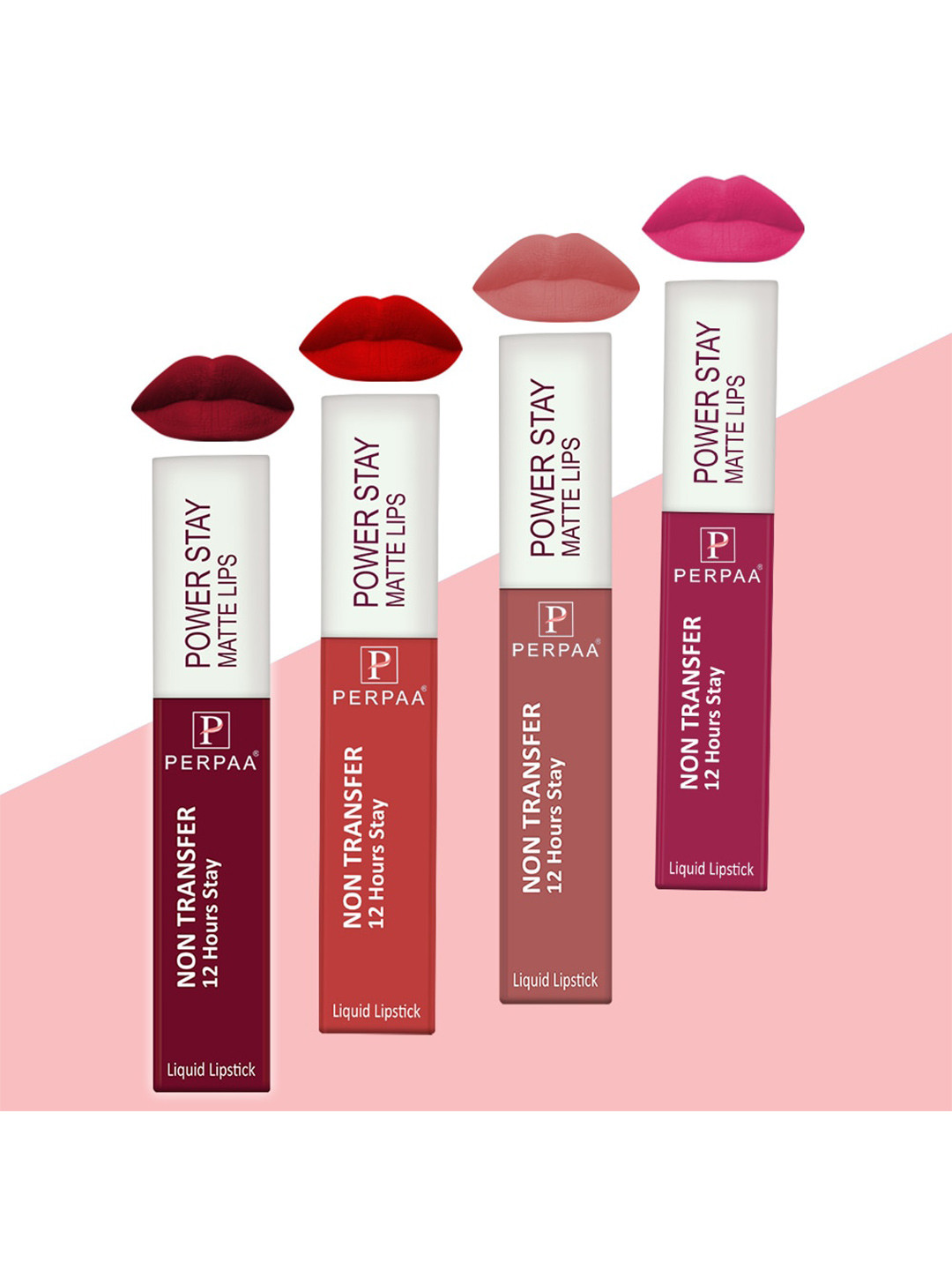 PERPAA Set of 4 Power Stay Non-Transfer & Long-Lasting Velvet Matte Liquid Lipstick 5 g-Bright Red 01 - Maroon 09 - Pink 10 - Nude 21