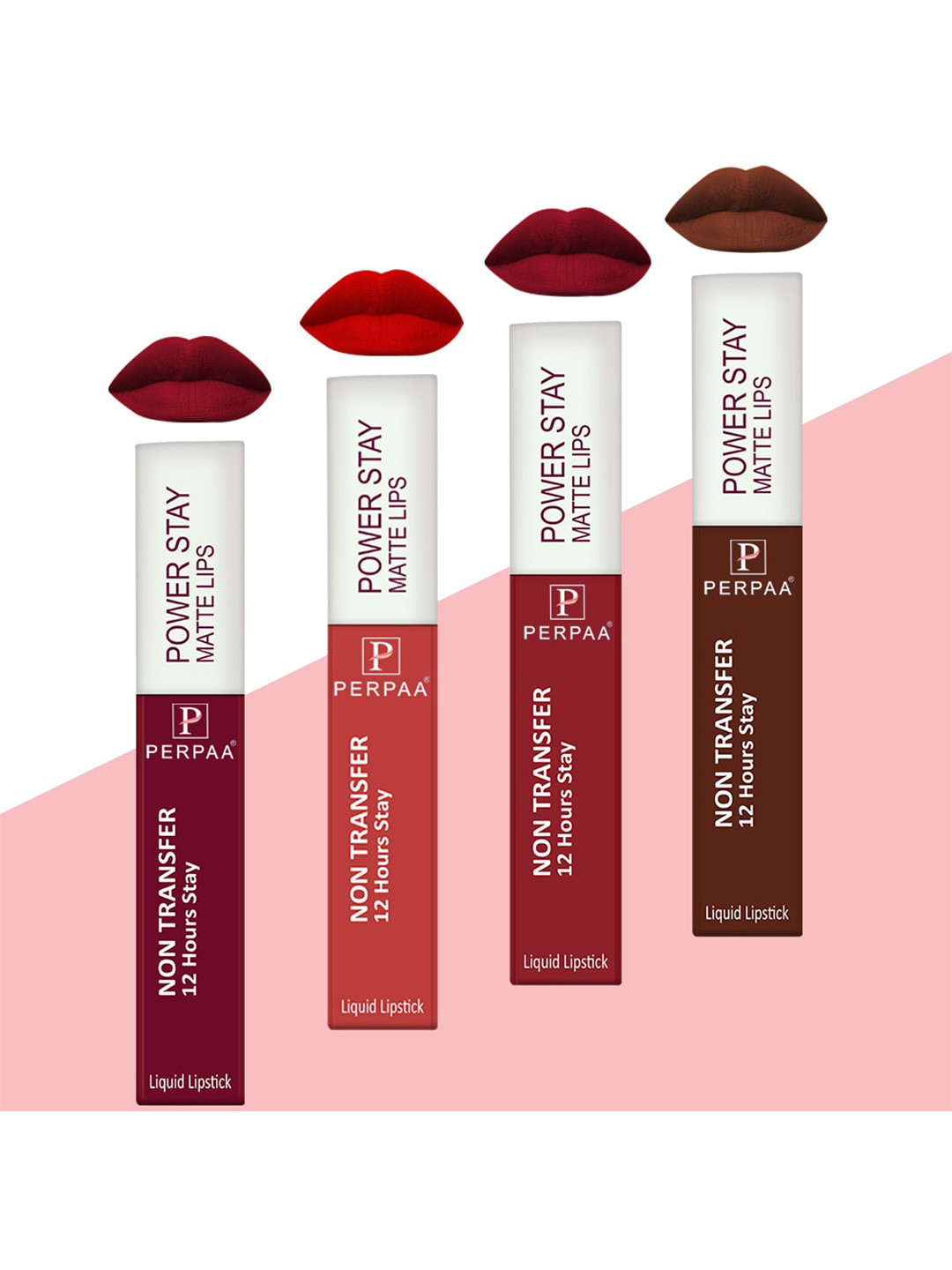 PERPAA Set of 4 Power Stay Non-Transfer & Long-Lasting Velvet Matte Liquid Lipstick 5 g-Maroon 09 - Brown 16 - Red 22 - Bright Red 01
