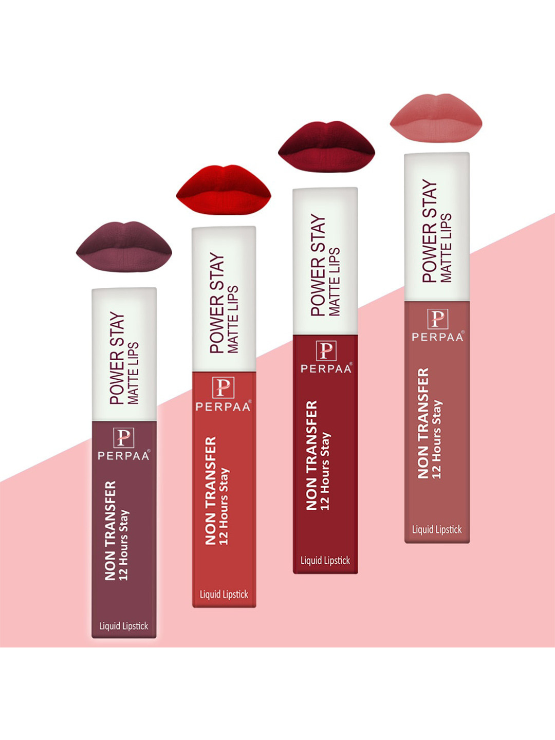PERPAA Set of 4 Power Stay Non-Transfer & Long-Lasting Velvet Matte Liquid Lipstick 5 g-Mauve 23 - Nude 21 - Red 22 - Bright Red 01