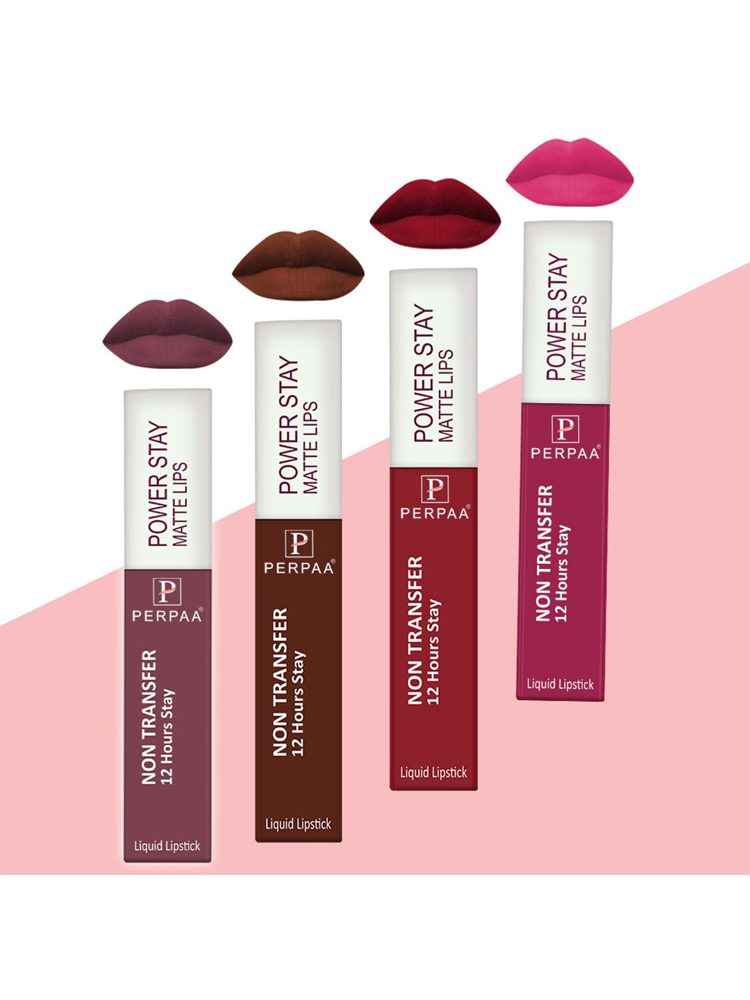 PERPAA Set of 4 Power Stay Non-Transfer & Long-Lasting Velvet Matte Liquid Lipstick 5 g-Pink 10 - Brown 16 - Mauve 23 - Red 22