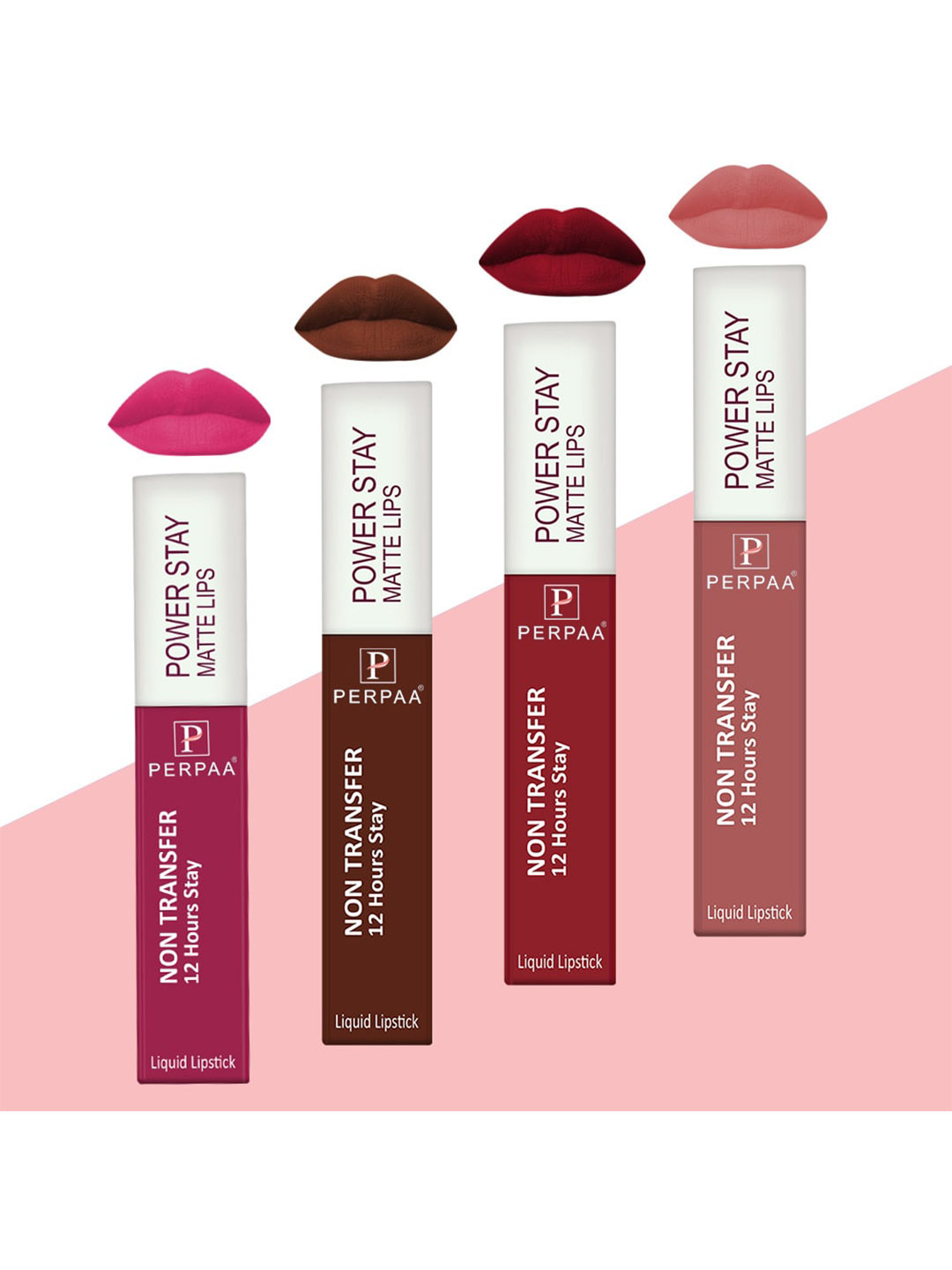 PERPAA Set of 4 Power Stay Non-Transfer & Long-Lasting Velvet Matte Liquid Lipstick 5 g-Pink 10 - Brown 16 - Nude 21 - Red 22