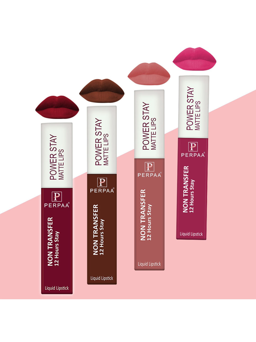 PERPAA Set of 4 Power Stay Non-Transfer & Long-Lasting Velvet Matte Liquid Lipstick 5 g-Maroon 09 - Pink 10 - Brown 16 - Nude 21