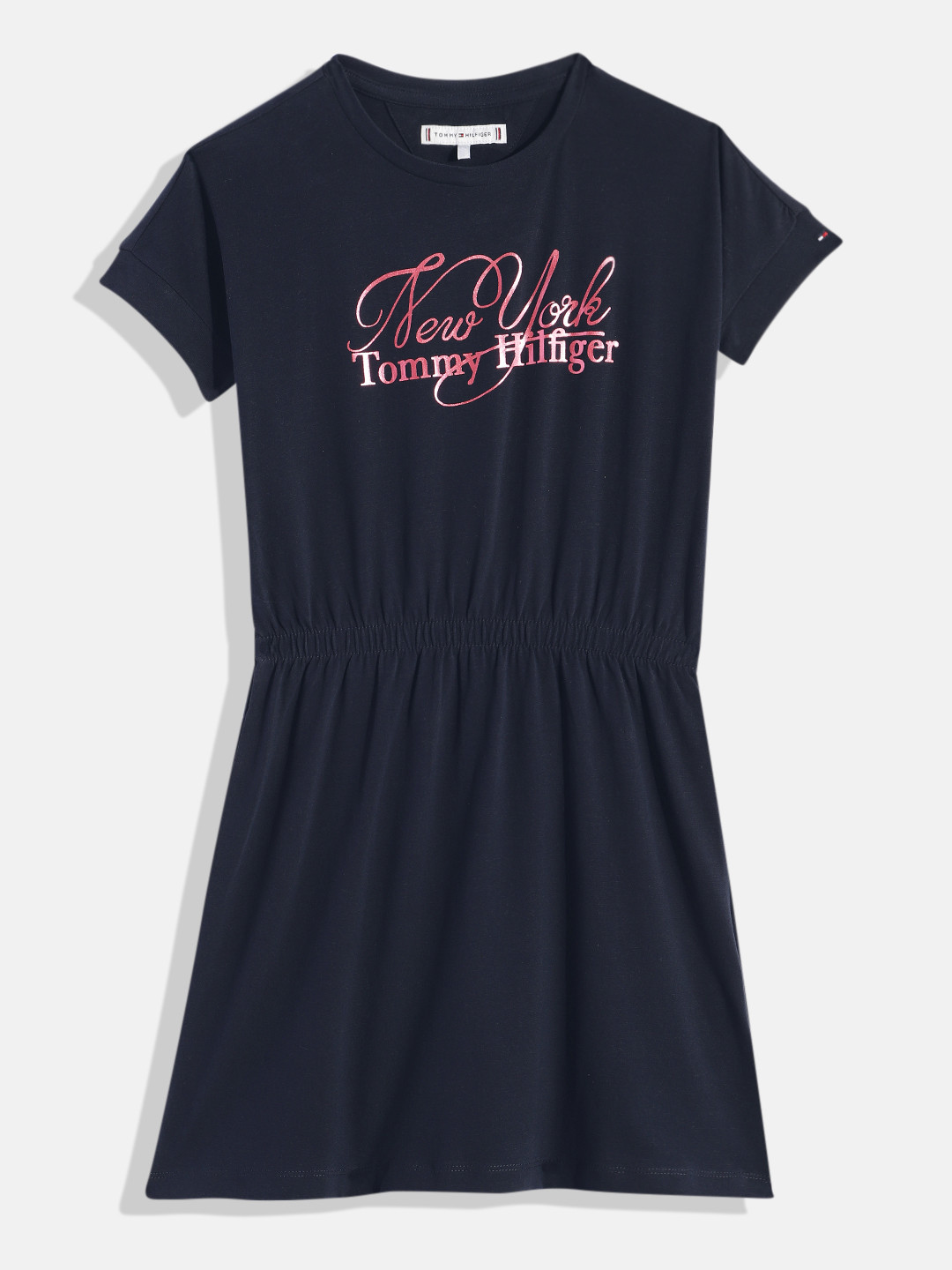 Tommy Hilfiger Girls Brand Logo Print Gathered Or Pleated Knitted Fit & Flare Dress