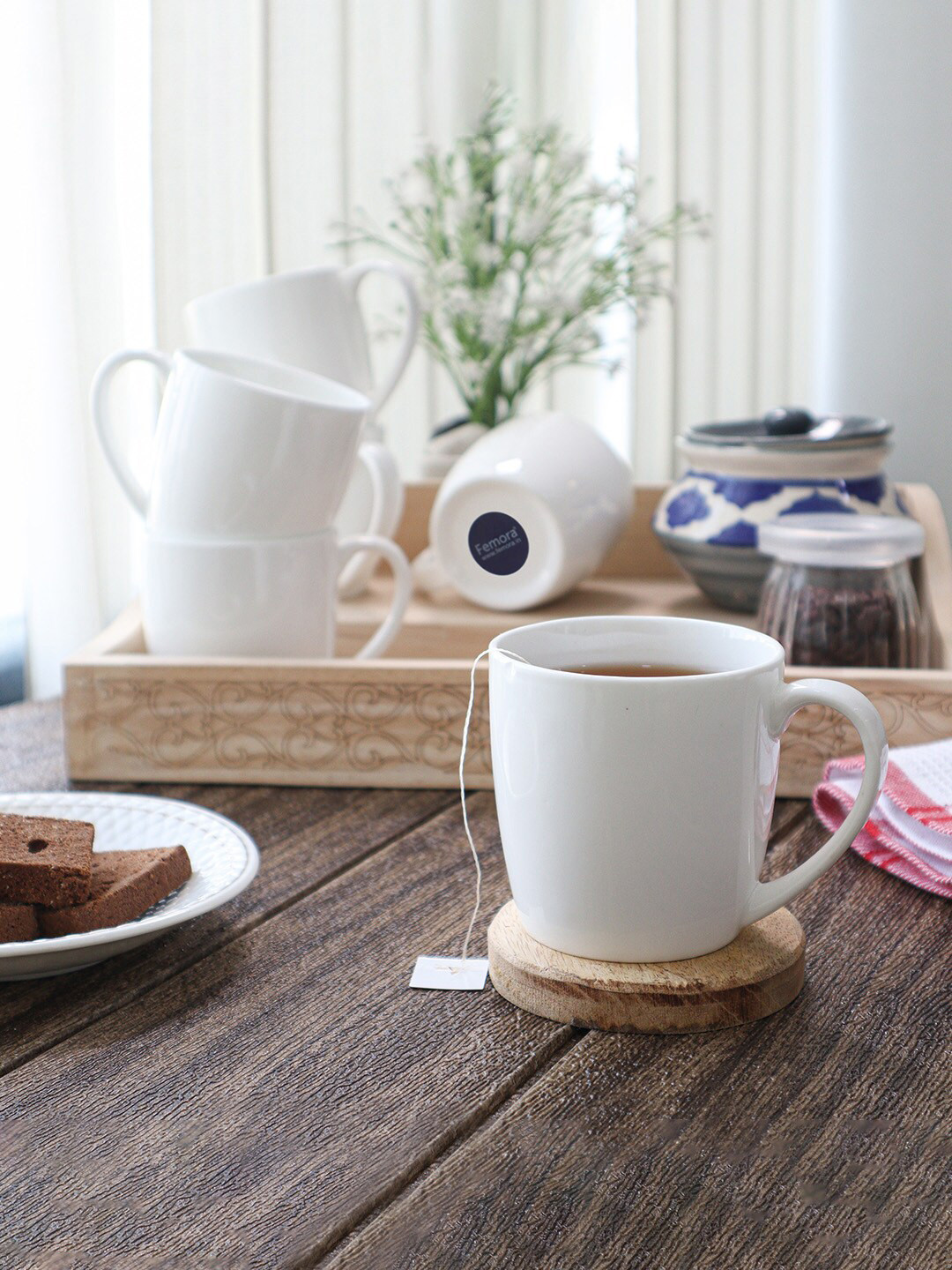Femora Pine Wood White Bone China Handmade 6 Piece Mugs-180ml