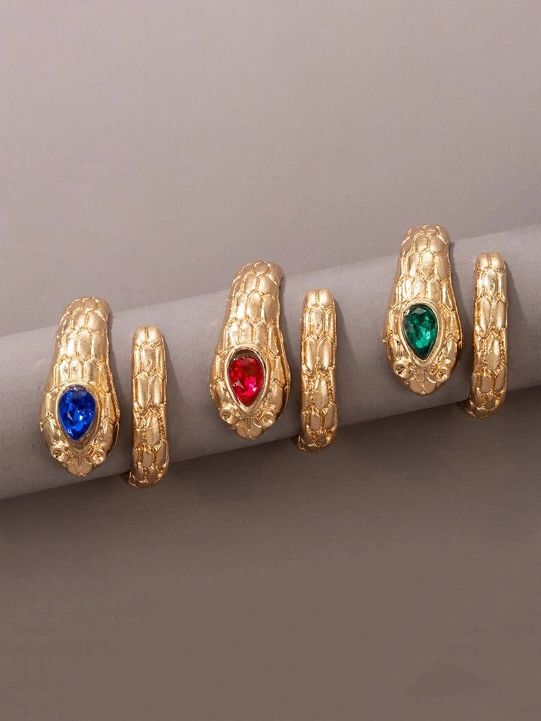 Jewels Galaxy Set Of 3 Gold-Plated & Stone Studded Snake Inspired Stackable Finger Rings