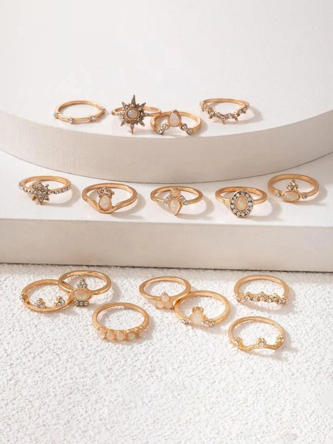 Jewels Galaxy Set Of 16 Gold-Plated Stone Studded & Beaded Contemporary Finger Rings