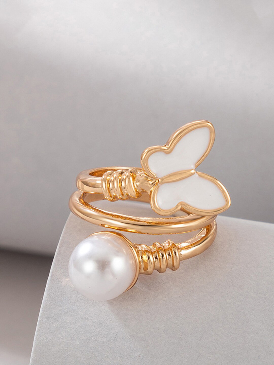 Jewels Galaxy Gold-Plated & Pearl Beaded Butterfly Inspired Cocktail Finger Ring