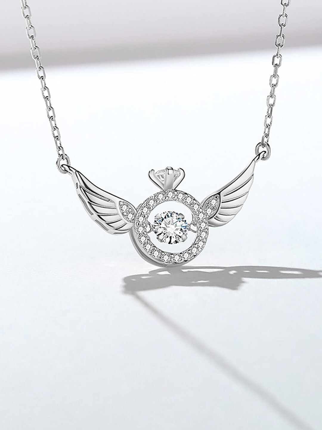 Jewels Galaxy Silver-Plated Stone-Studded Angel Wings Pendant With Chain