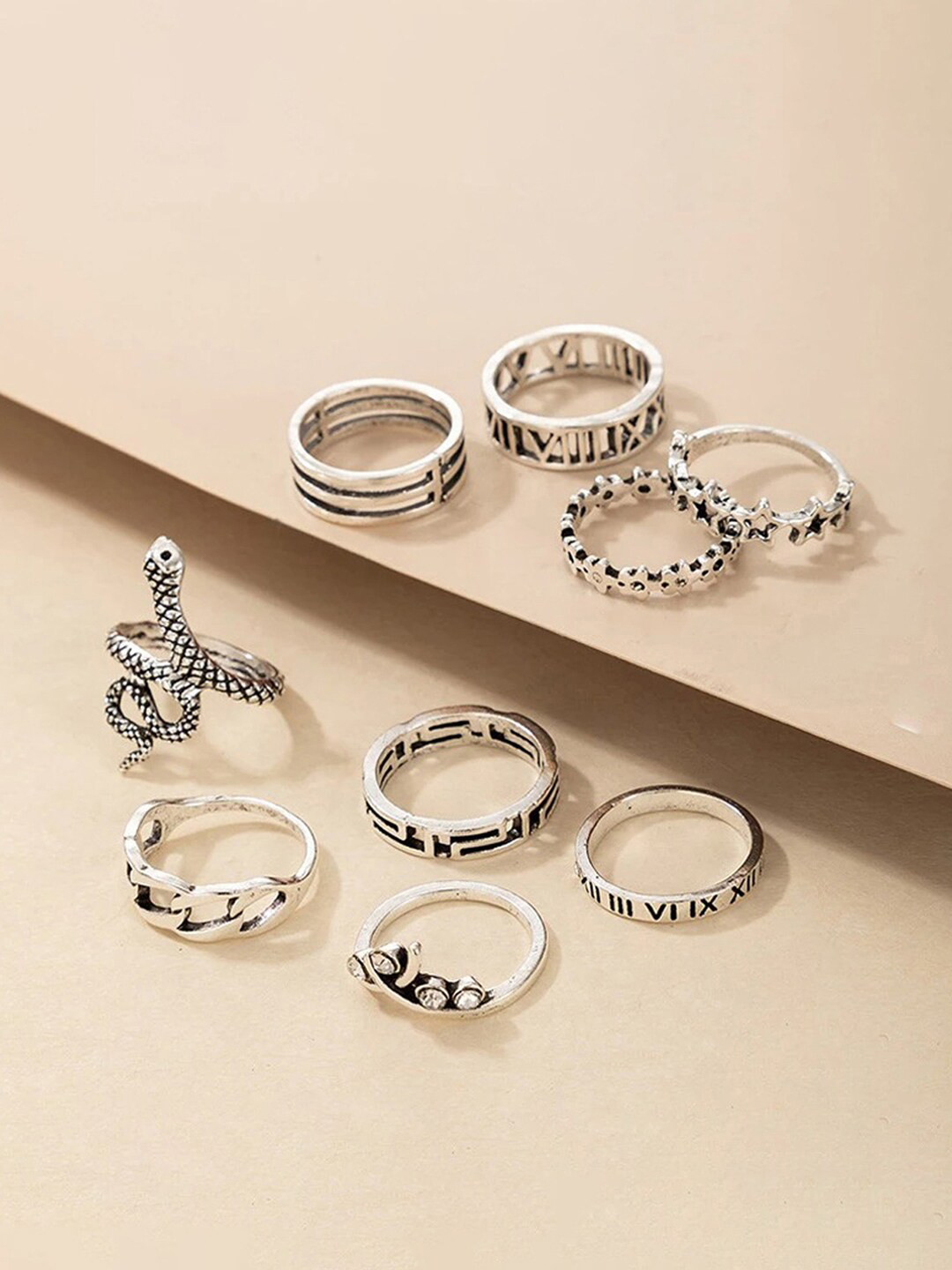 Jewels Galaxy Set Of 9 Silver-Plated Snake Inspired Stackable Finger Rings