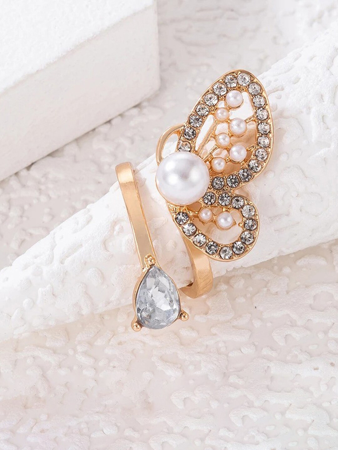 Jewels Galaxy Gold-Plated Stone-Studded Half Butterfly Inspired Cocktail Finger Ring