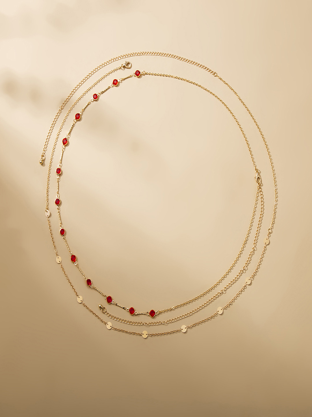 AQUASTREET Set Of 2 Gold-Plated Red Stone-Studded Layered Waist Chain