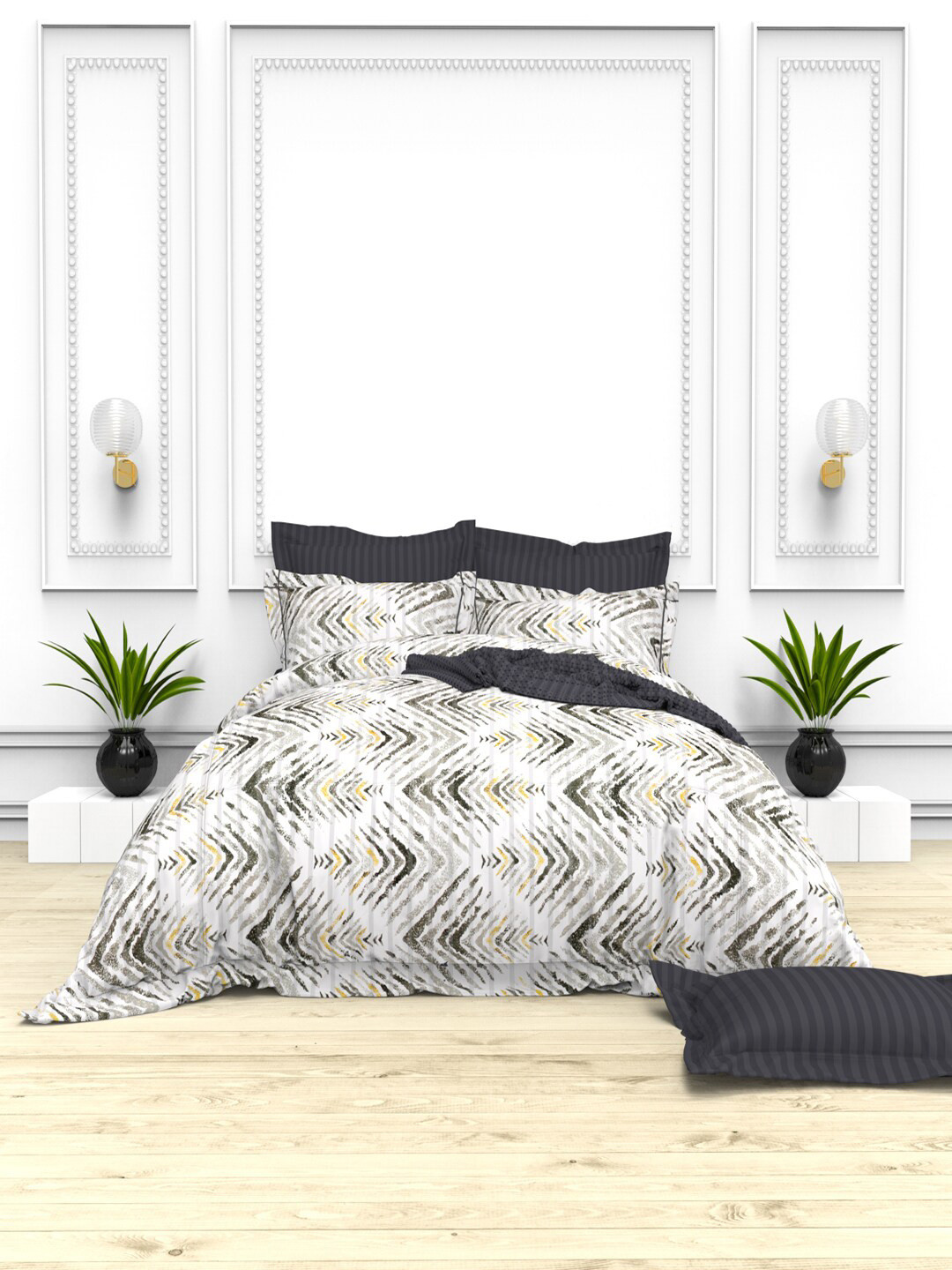 THE WHITE MOSS Christie Grey Abstract Pure Cotton 220 TC King Fine Bedsheet with 4 Pillow Covers- 275 m x 275 cm