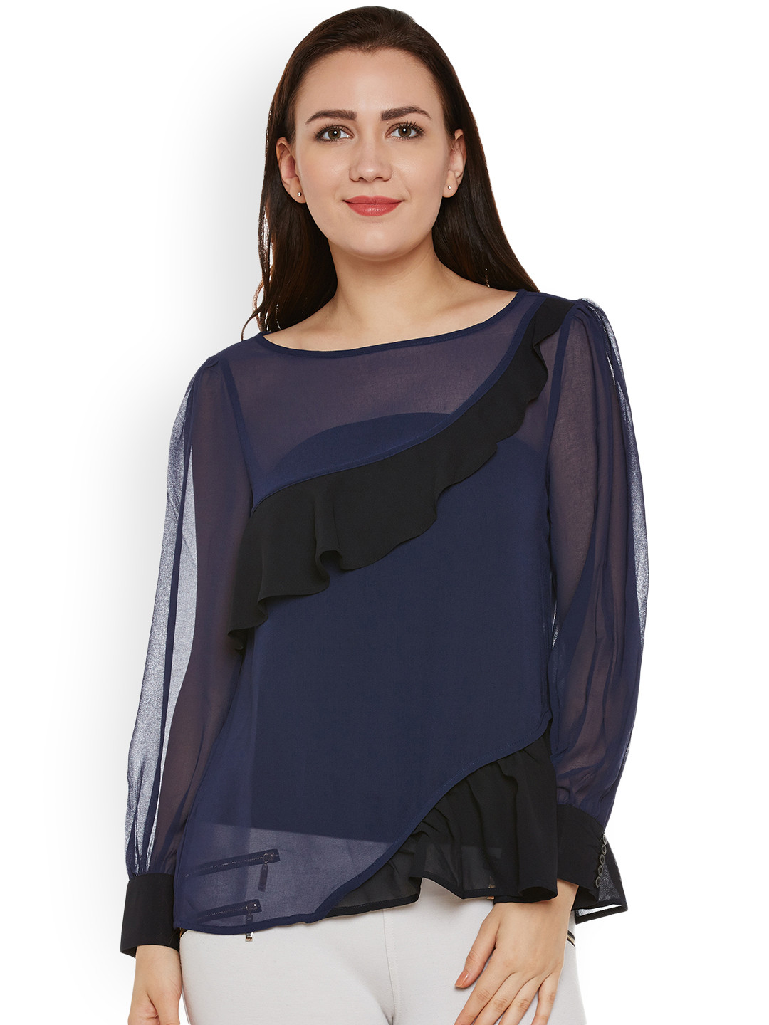 Oxolloxo Women Navy & Black Semi-Sheer Top