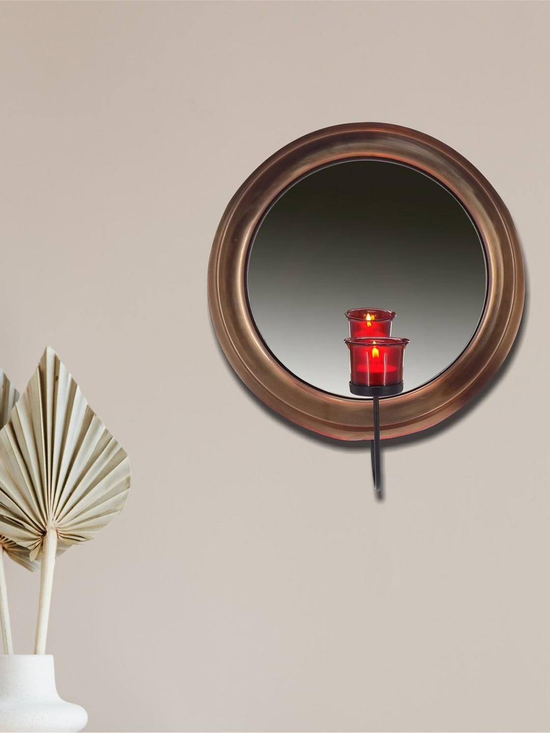 MARKET99 Copper-Toned Wall Mirror with Glass Votive T-Light Candle Holder
