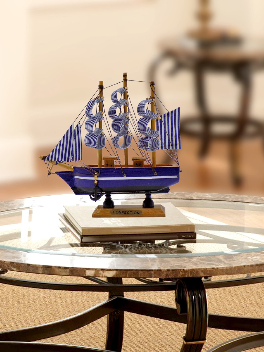MARKET99 Blue Wooden Sailing Ship Showpiece