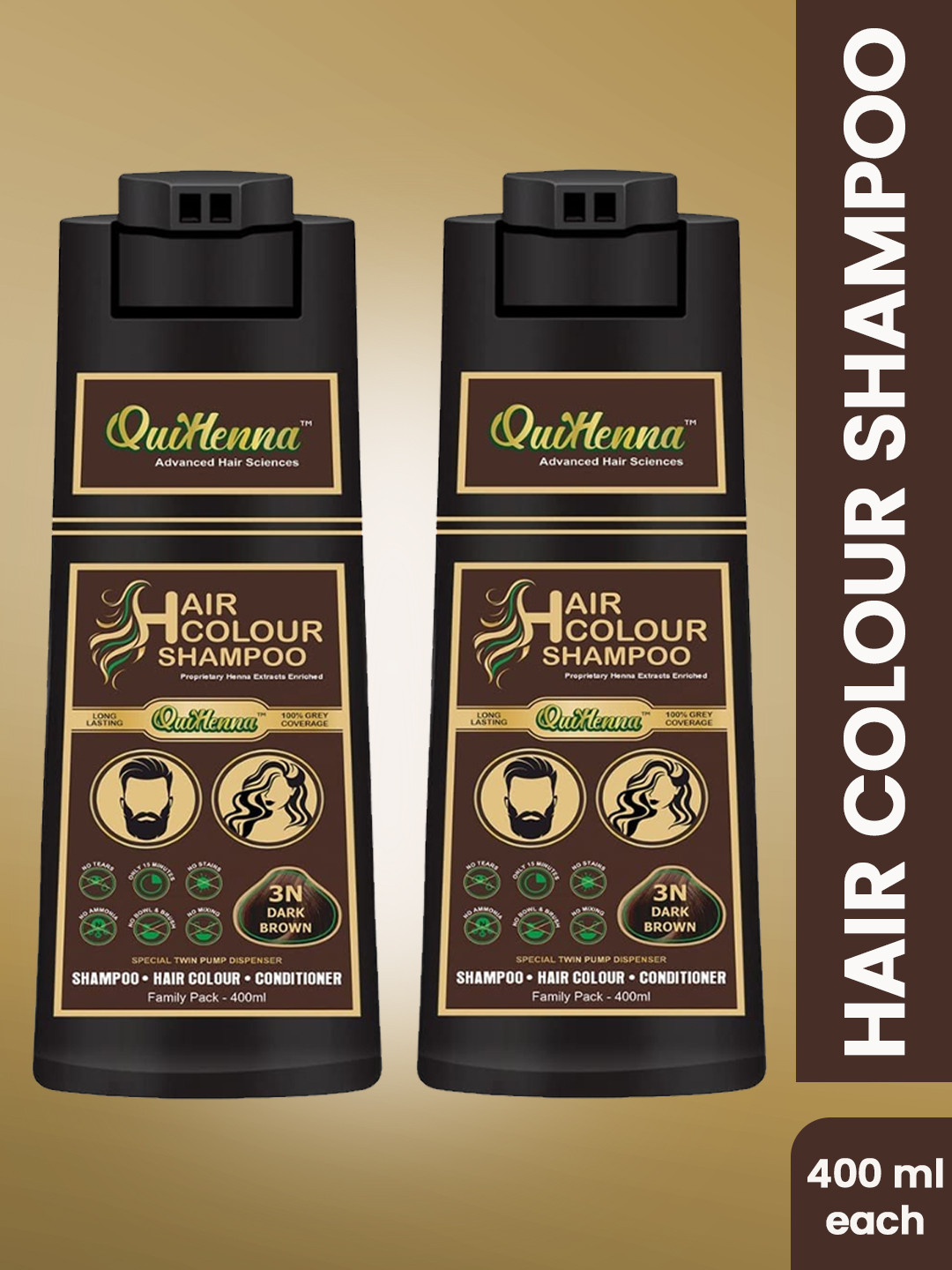 QUIKHENNA Set of 2 Grey Coverage Hair Color Shampoo 400 ml each - Dark Brown 3N