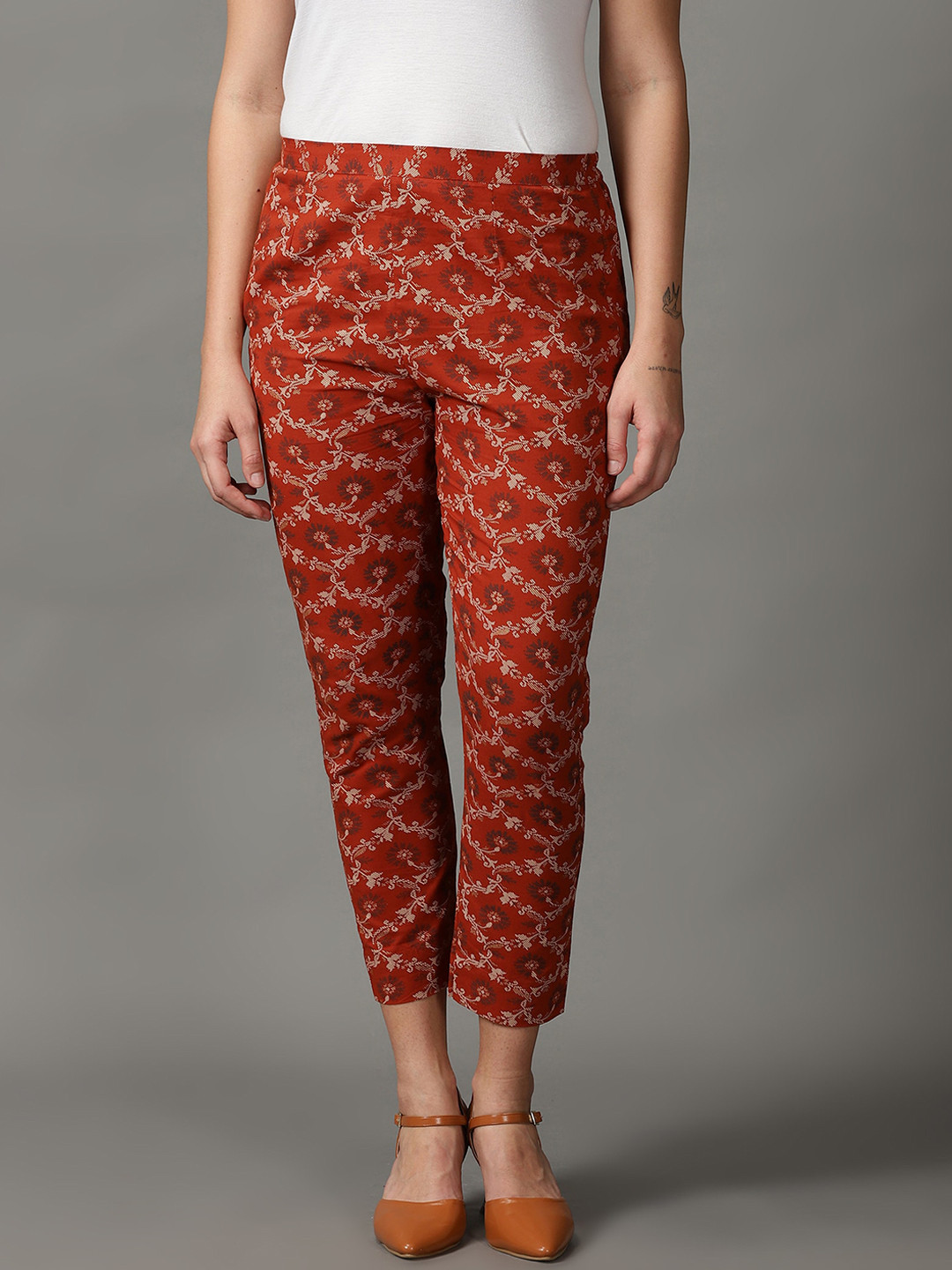 DIVINATION Printed Smart Skinny Fit Cotton Trousers