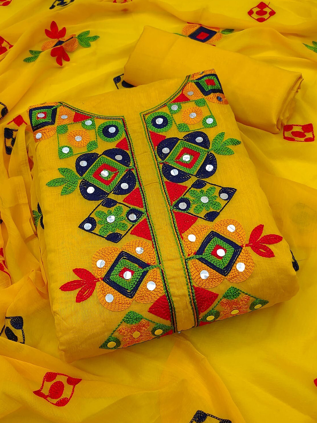 KALINI Embroidered & Mirror Work Linen Unstitched Salwar Suit Dress Material