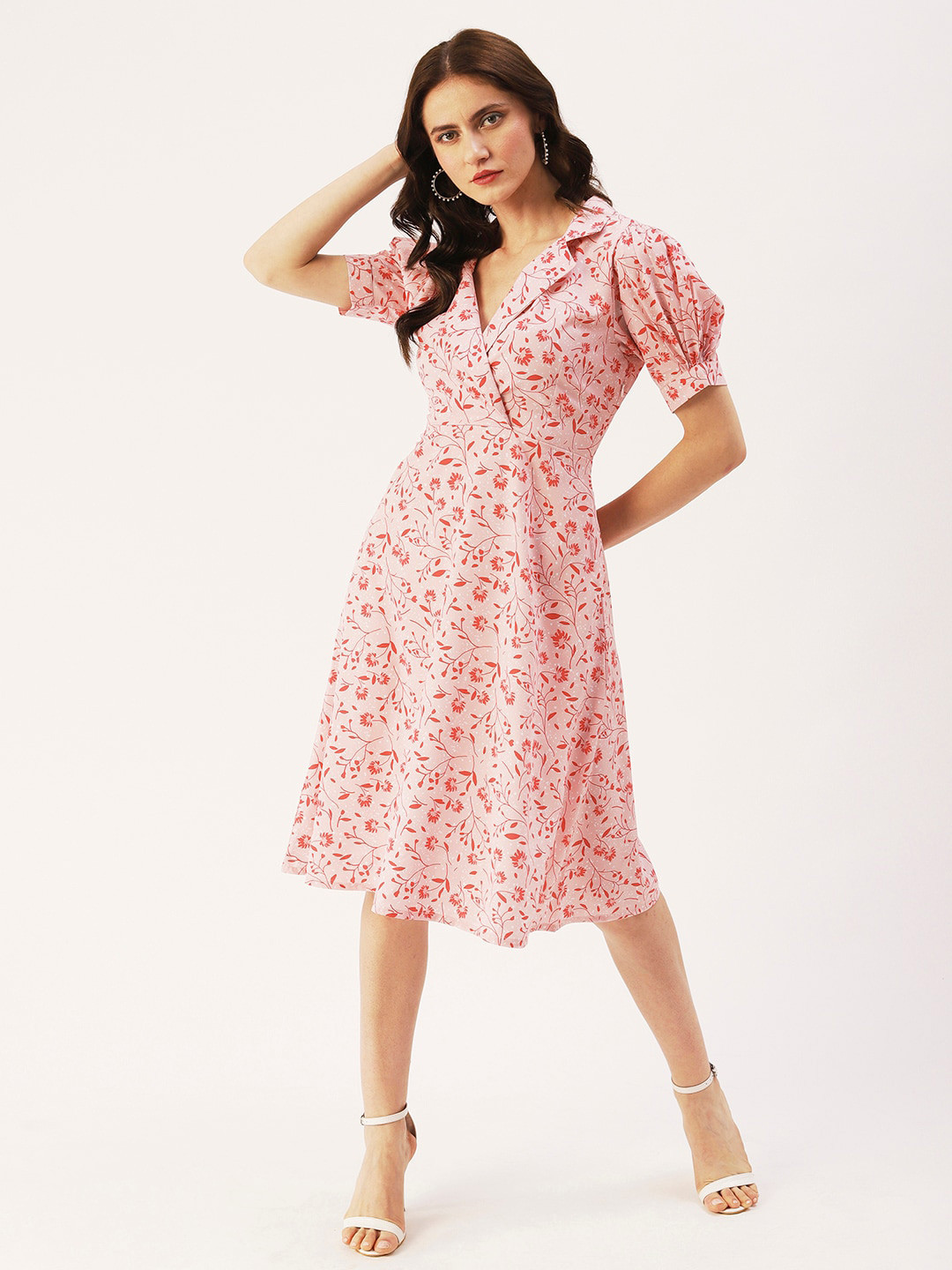 DressBerry Floral Printed Shirt Collar Midi Wrap Dress