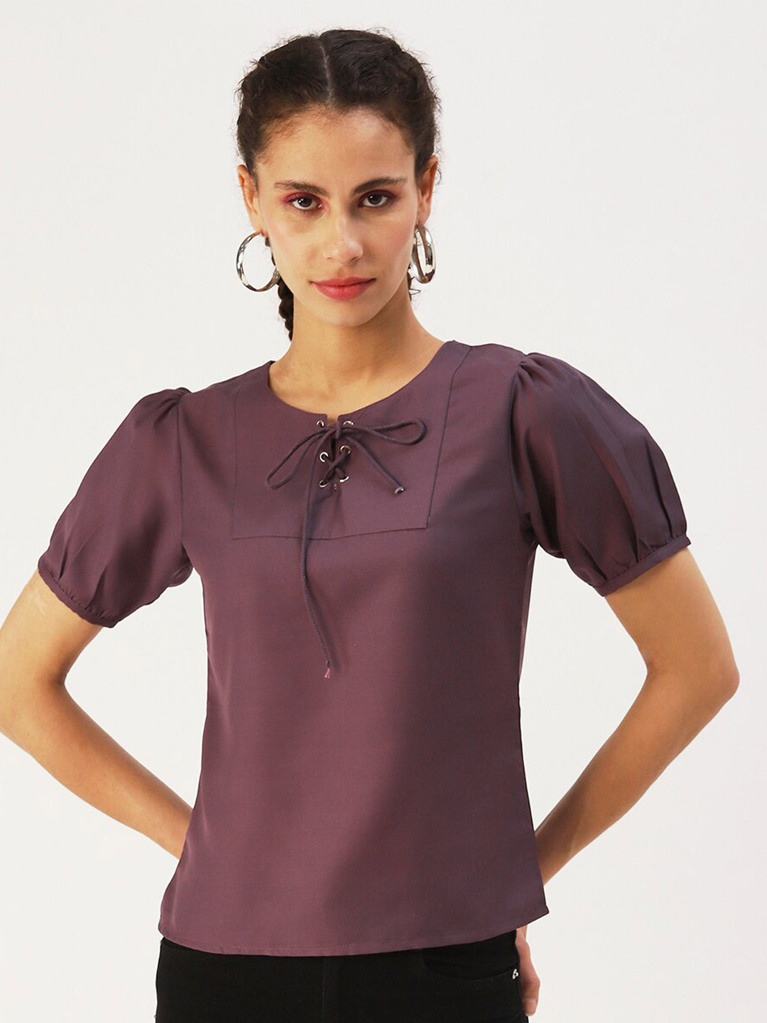 DressBerry Purple Tie-Up Neck Regular Top