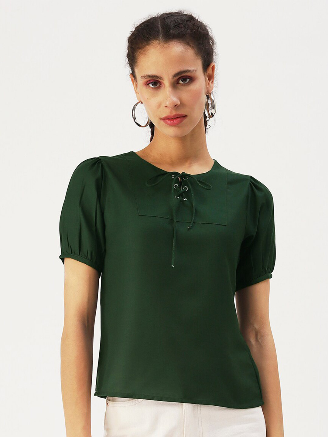 DressBerry Green Tie-Up Neck Regular Top