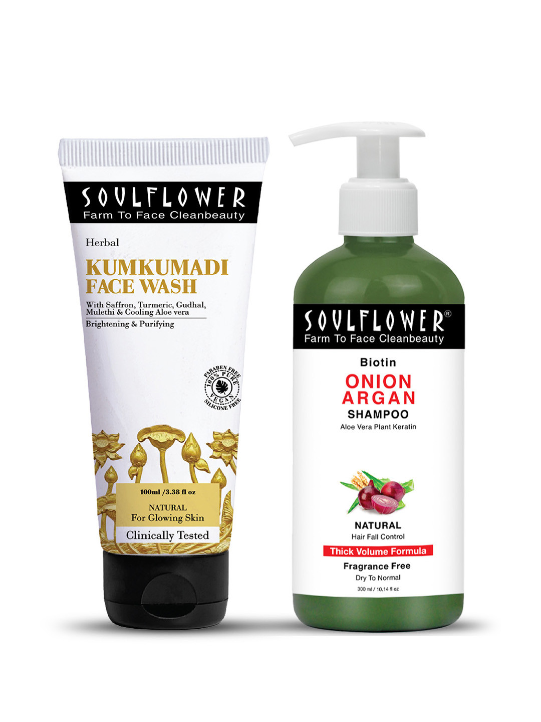 Soulflower Set of Kumkumadi Face Wash 100 ml + Onion Biotin Shampoo 300 ml