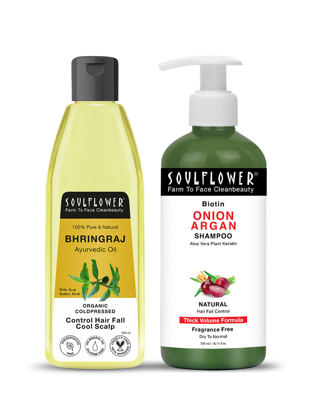 Soulflower Combo of Coldpressed Bhringraj Oil 225ml & Onion Biotin Shampoo 300ml