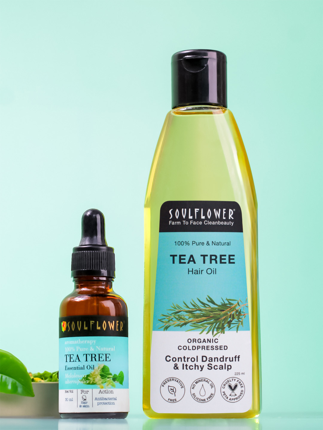 Soulflower Scalp & Dandruff Care Tea Tree Oil 225ml + Pure Tea Tree Essential Oil 15ml