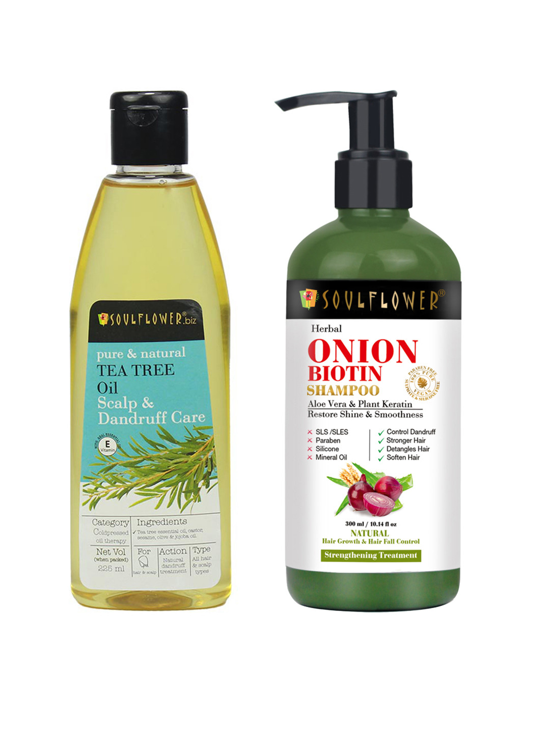 Soulflower Set of Tea Tree Hair Treatment Oil 225 ml & Onion Biotin Shampoo 300 ml