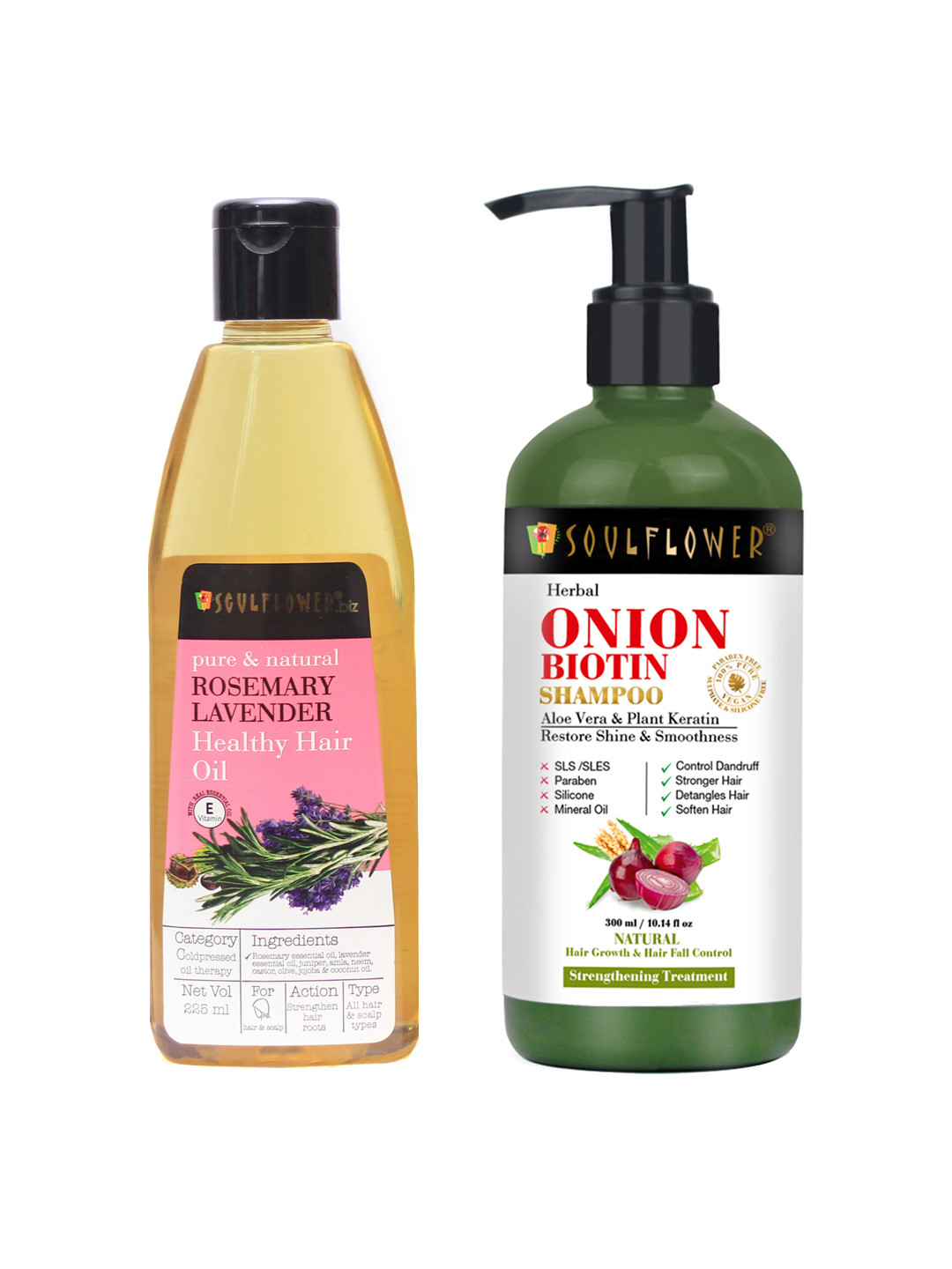 Soulflower Set of Rosemary Lavender Healthy Hair Oil 225 ml & Onion Biotin Shampoo 300 ml