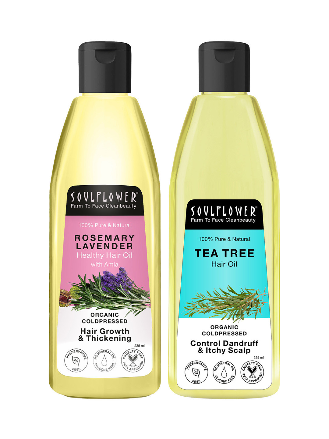 Soulflower Set of Rosemary Lavender Healthy & Tea Tree Hair Treatment Oil - 225 ml each