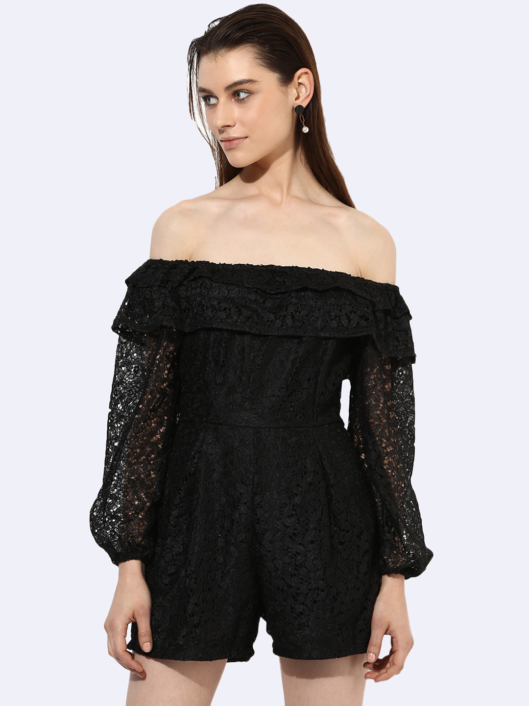KLEIO Black Off-Shoulder Lace Mini Dress