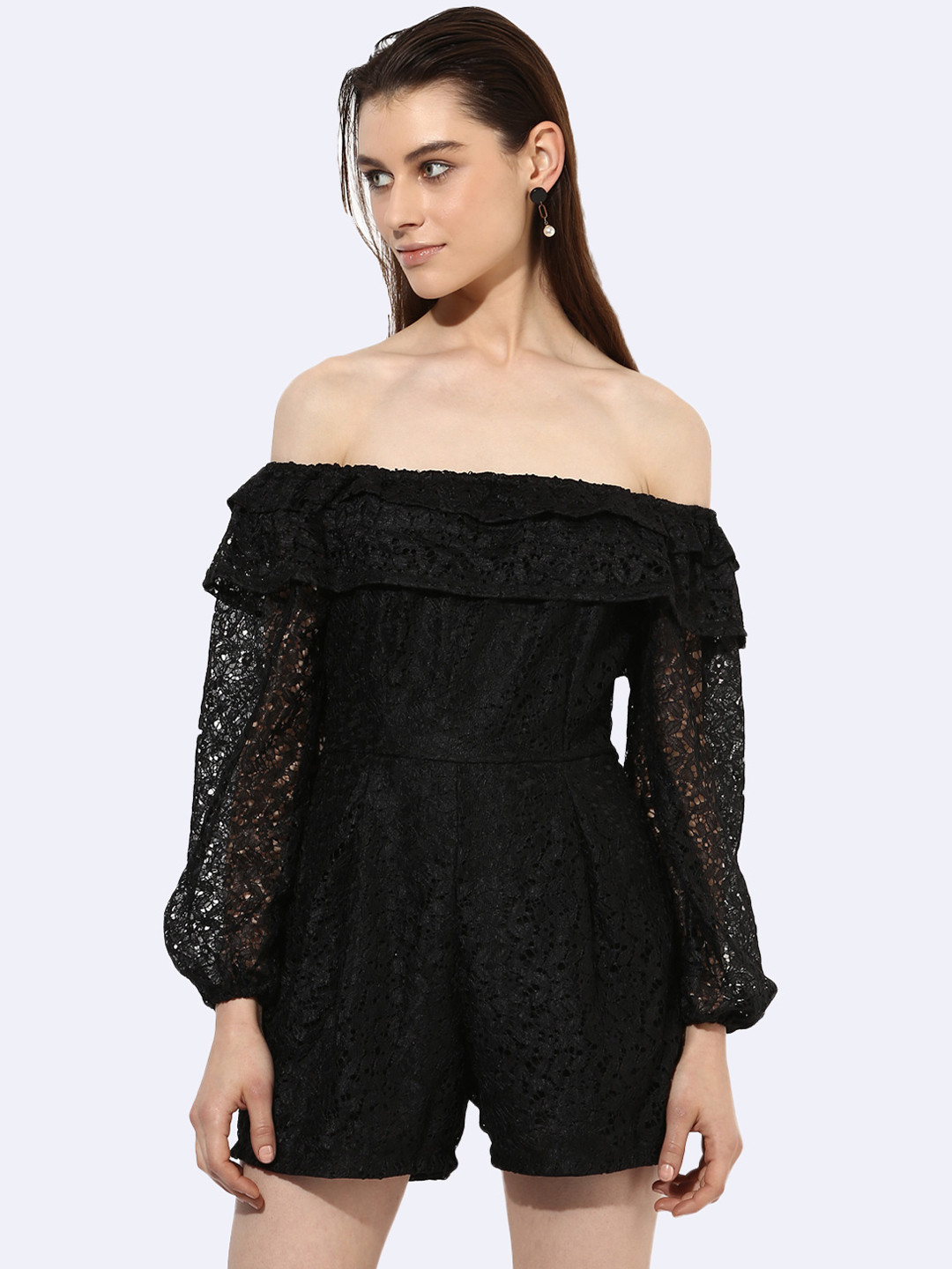 KLEIO Black Off-Shoulder Lace Mini Dress