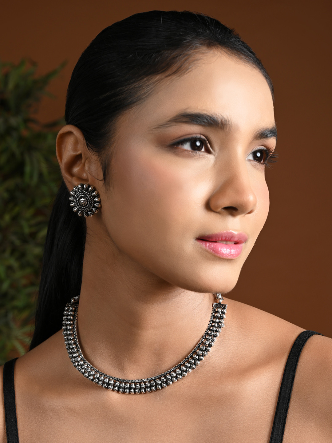 I Jewels Oxidised Silver-Plated Jewellery Set
