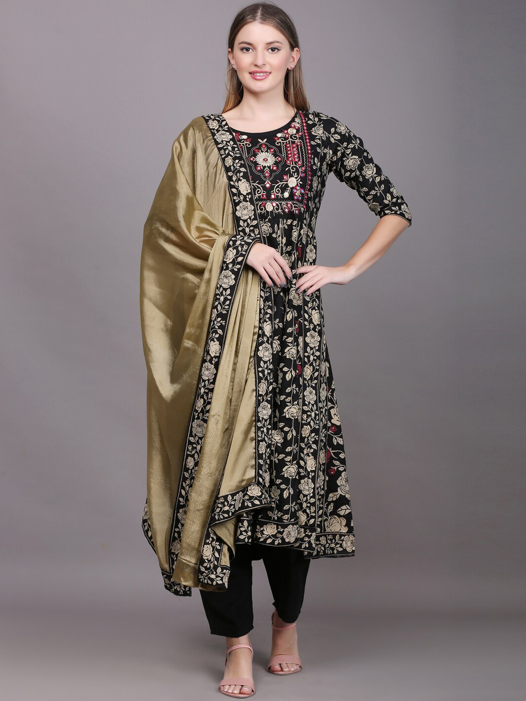 TOULIN Women Black Floral Embroidered Mirror Work Kurta with Palazzos & With Dupatta