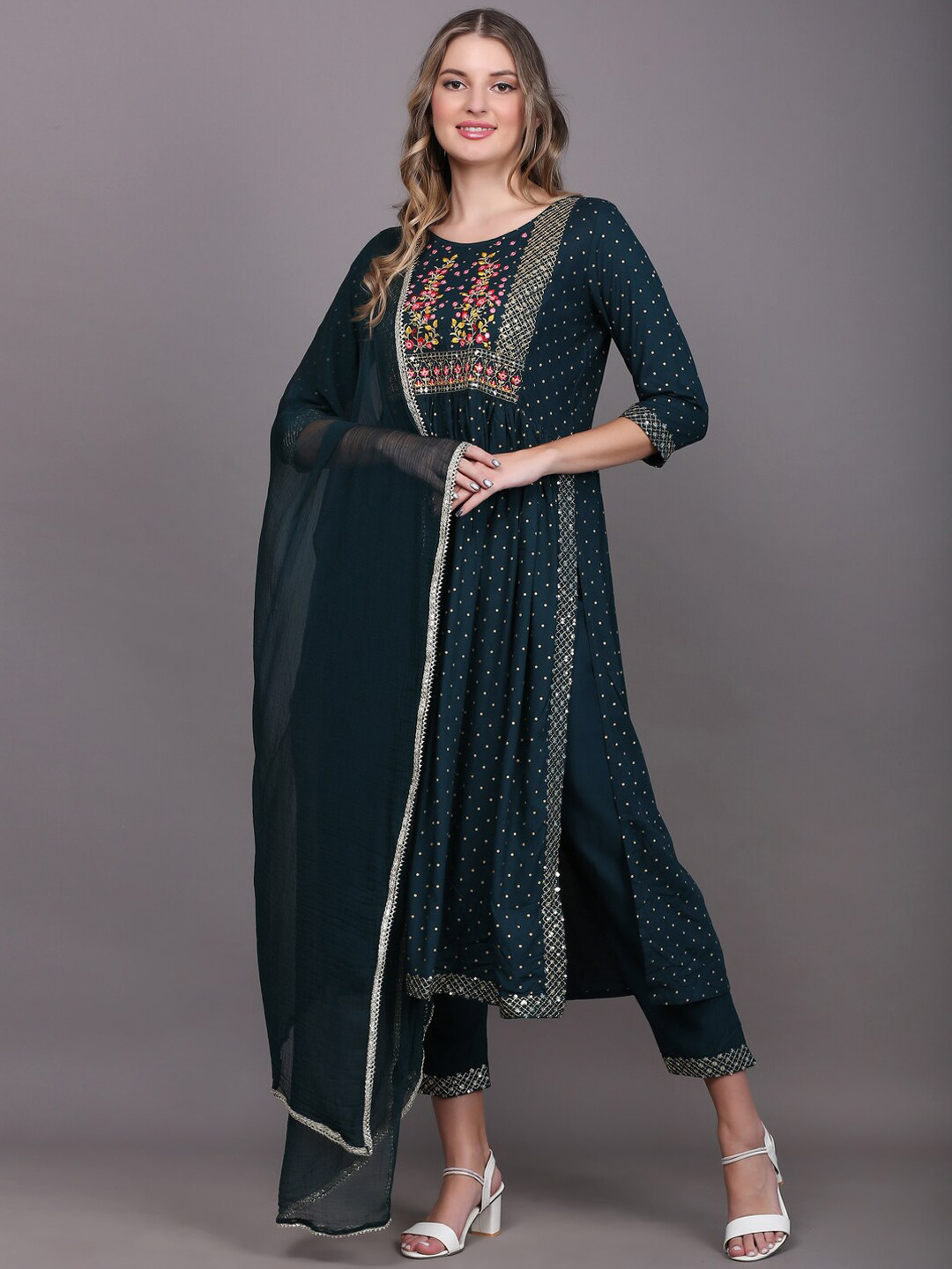 TOULIN Women Blue Ethnic Motifs Embroidered Pleated Kurta with Trousers & With Dupatta